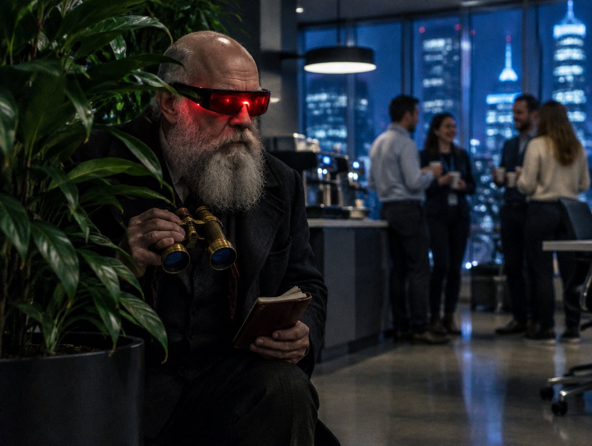 Charles Darwin con gafas rojas, escondido tras una planta de oficina con prismáticos y una libreta, observando a unos oficinistas junto a la máquina de café.